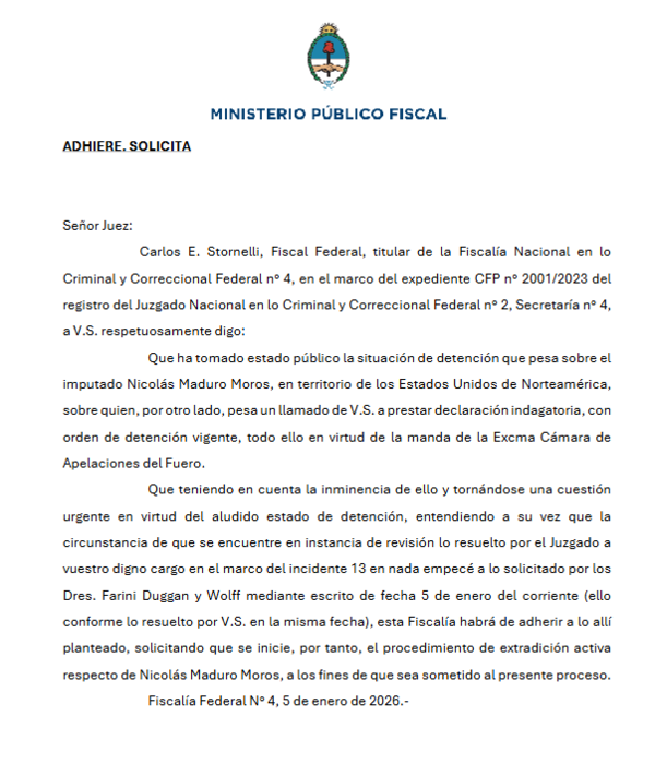 El fiscal Federal, Carlos Stornelli, solicitó la extradición de Nicolás Maduro hacia Argentina