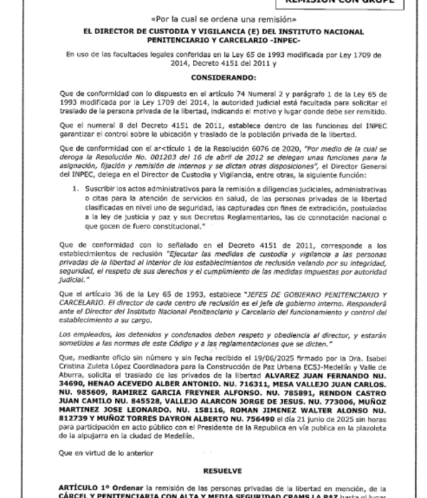 A través de este documento, el director de custodia del penal autorizó la remisión de los condenados a La Alpujarra.