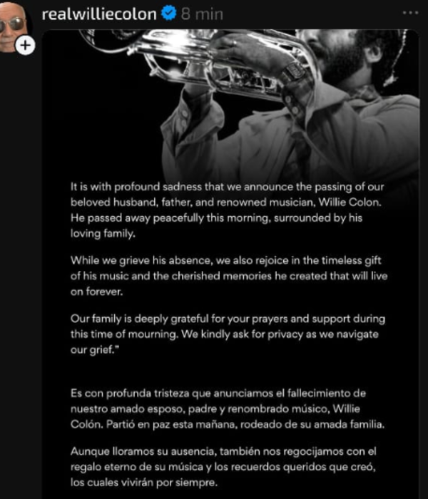 Comunicado del fallecimiento del icono de la salsa.