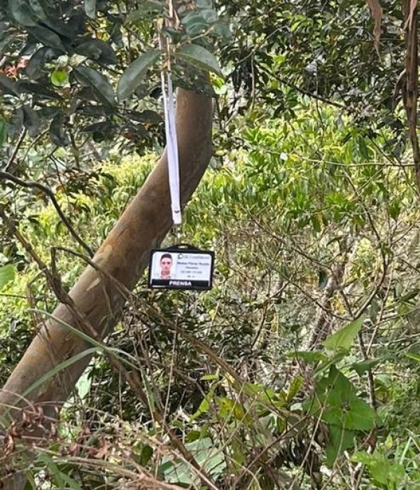 La identificación de periodista de Mateo Pérez fue encontrada colgando de un árbol en la vereda El Raudal.