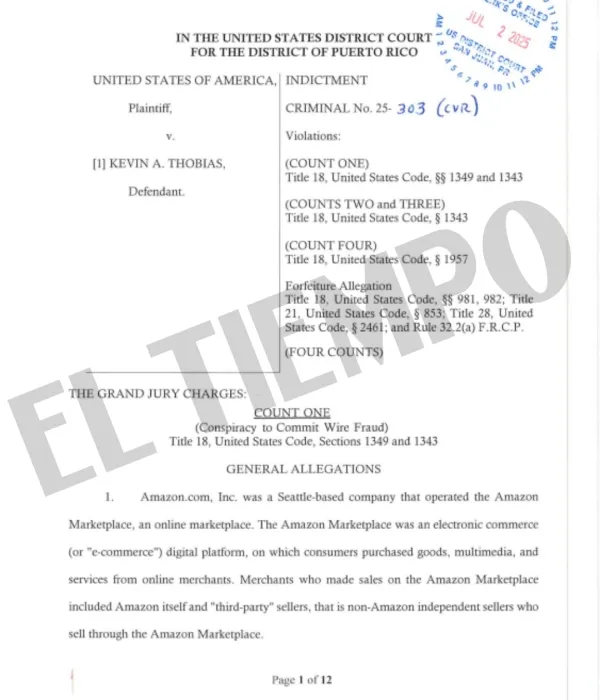 Indictment de la Corte de Distrito de Puerto Rico contra Kevin Thobias.