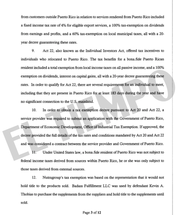 Thobias le mintió a las autoridades para quedar exento de impuestos en Puerto Rico.