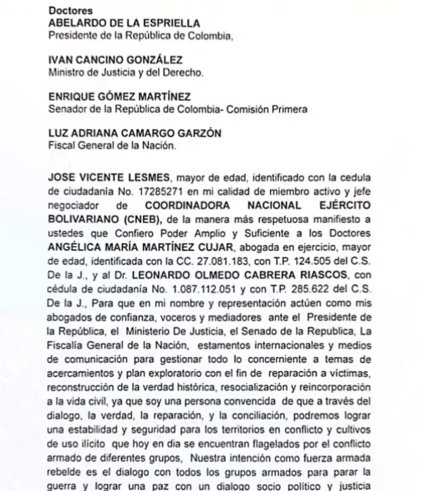 Alias Walter Mendoza pide al presidente Abelardo De La Espriella reactivar diálogos de paz con los disidentes de la Cneb: 'Manifestación de voluntad'
