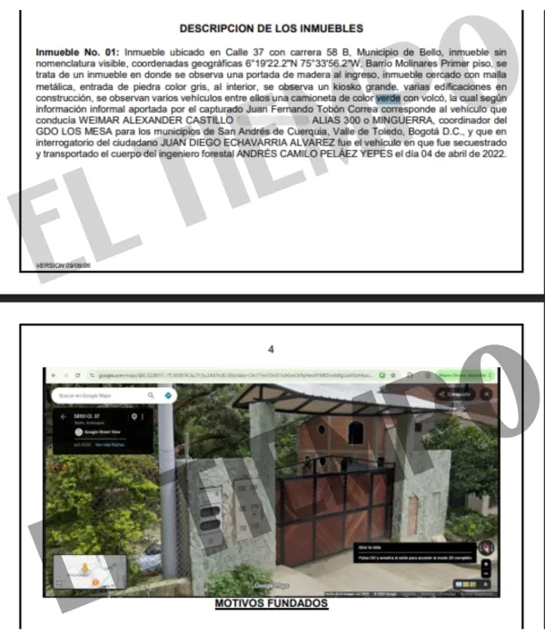 En la descripción del predio, se señala que el vehículo fue avistado parqueado en el mismo.