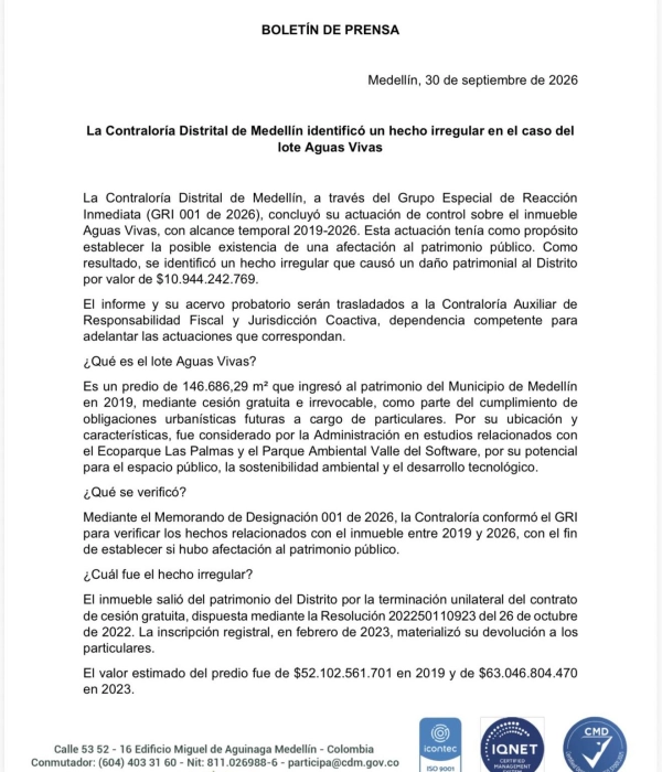 Boletín emitido por la Contraloría informando sobre la detección del detrimento patrimonial.