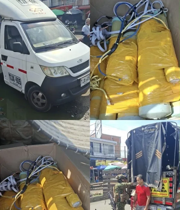 El camión que cayó en un operativo en el norte del Cauca. Llevaba 400 kilos de explosivos.