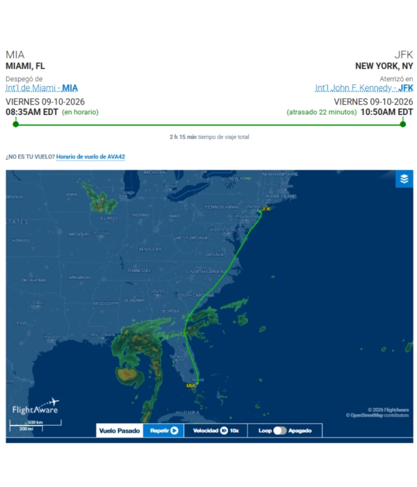 Registro del vuelo AV042 entre Miami y Nueva York.