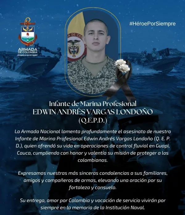 El teniente Edwin Vargas Londoño, asesinado en el ataque en Guapi, Cauca.