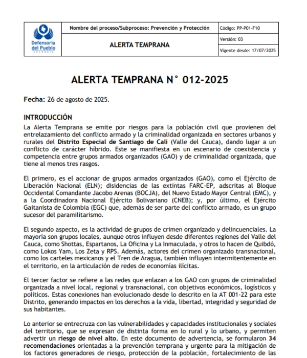 La alerta de la Defensoría del Pueblo sobre Cali.