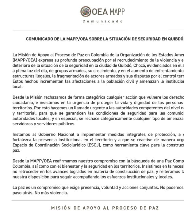 Misión de Apoyo a la Paz de la OEA alerta por violencia en el Chocó e ...