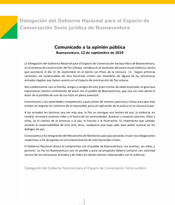 Comunicado de la delegación de conversación sociojurídica del gobierno en Buenaventura.