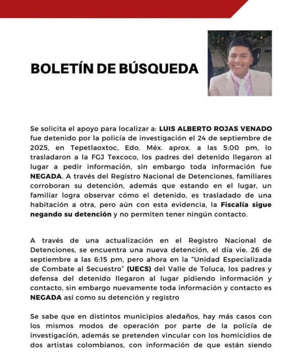 Reporte sobre la desaparición del mexicano Luis Alberto Rojas.