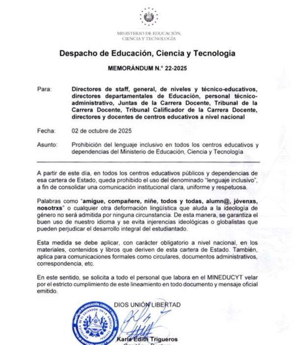 El Salvador prohíbe el lenguaje inclusivo en los colegios del país centroamérico.