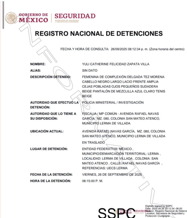 Detención de Yuli Catherine Zapata Villa, dos días después de su desaparición.