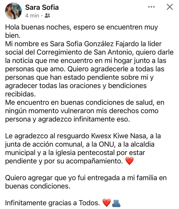 Liberación de Sara Sofía González Fajardo, lideresa de Jamundí.