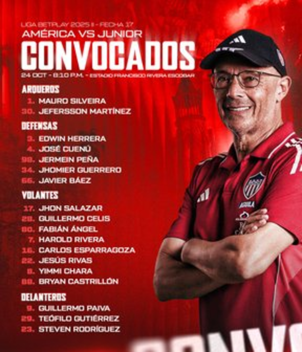 Convocatoria de Junior para el partido contra Am??rica de Cali