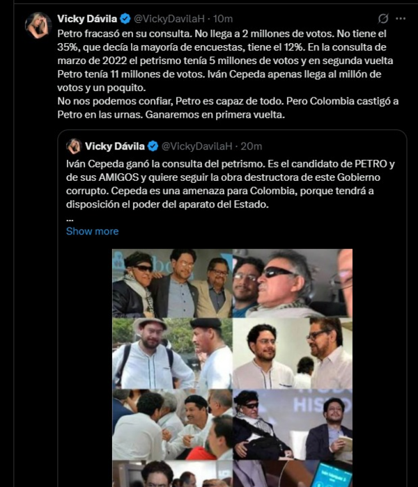 Vicky Dávila asegura que Iván Cepeda es un peligro para el país al ser ganador de la consulta por el Pacto Histórico.