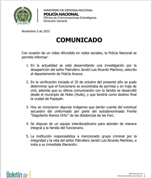 Comunicado de la Policía Nacional sobre el secuestro del patrullero en Cauca.
