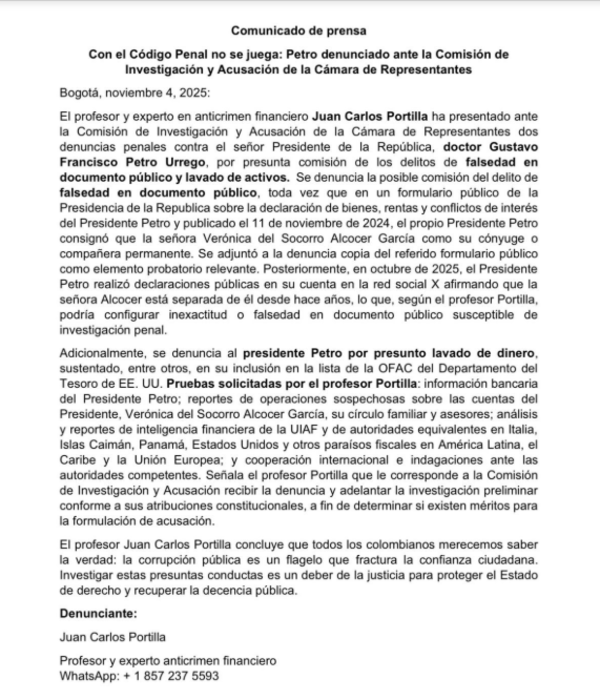 Denuncia contra el presidente Gustavo Petro.