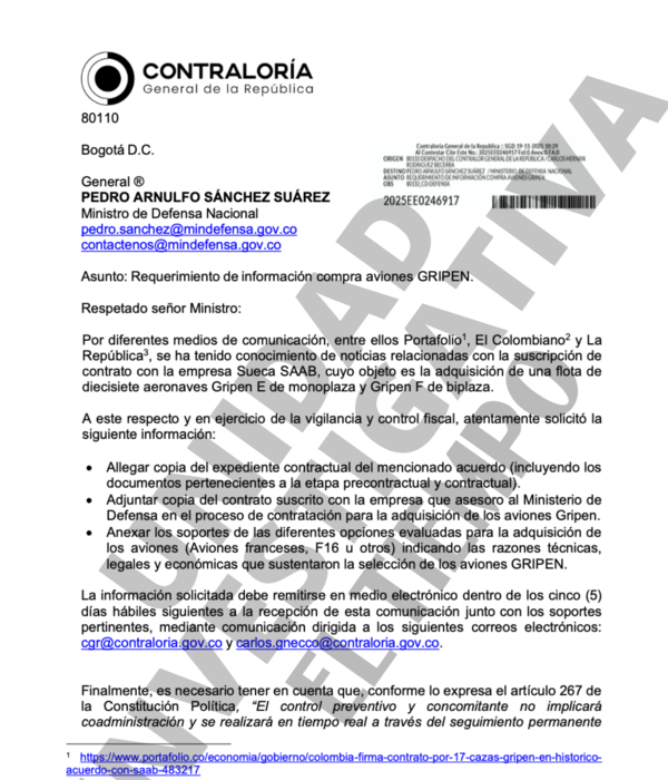 Requerimiento Contralor??a a Ministerio de Defensa