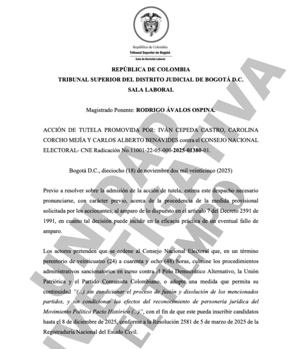 La admisi??n de la tutela interpuesta por Carolina Corcho e Iv??n Cepeda.