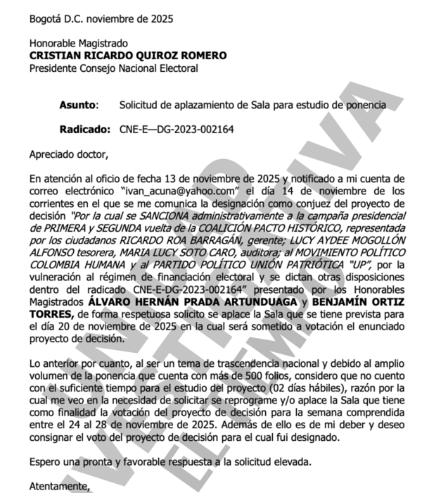 La carta enviada por el magistrado Jorge Iv??n Acu??a