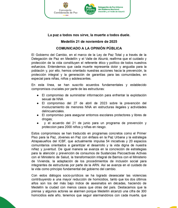 Fragmento del comunicado emitido por la delegaci??n de paz urbana del Gobierno Nacional.
