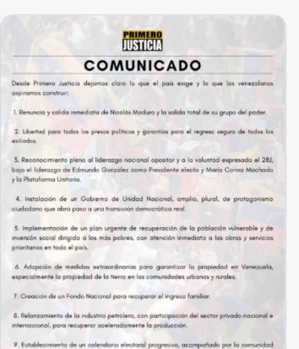 Comunicado del partido opositor venezolano.