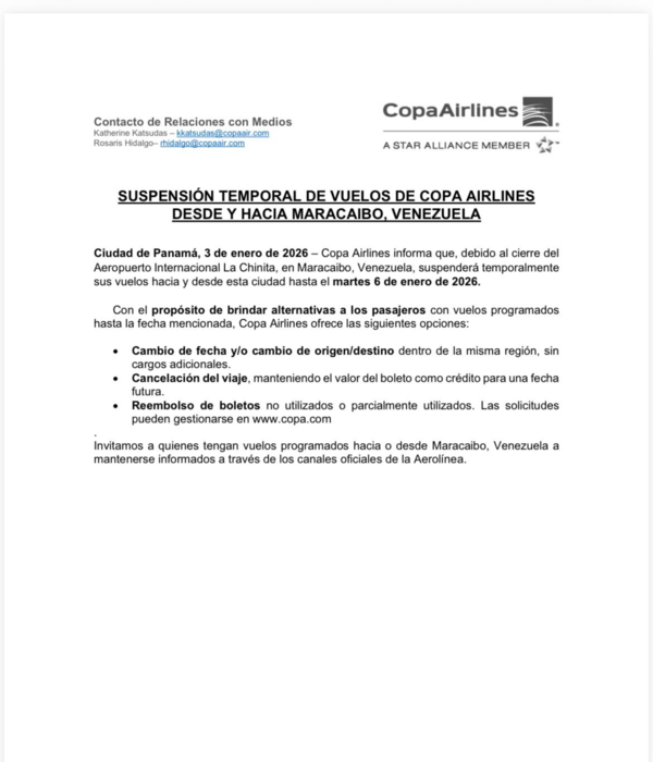 El cierre del principal aeropuerto de la ciudad venezolana llevó a la aerolínea a detener temporalmente sus operaciones y activar planes de contingencia.