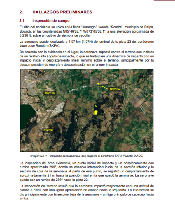 Informe preliminar completo de accidente en avioneta Boyacá.