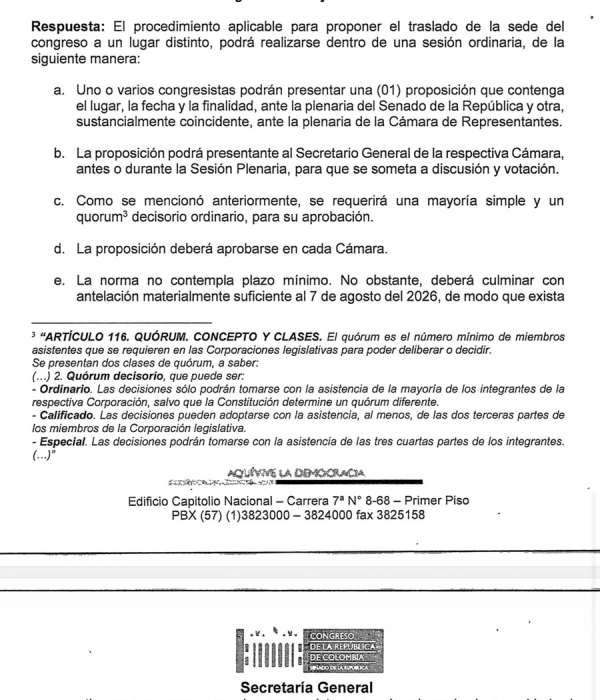 'El Senado y la Cámara pueden trasladar su sede': Congreso confirma que De La Espriella se podría posesionar en otra ciudad con previo acuerdo