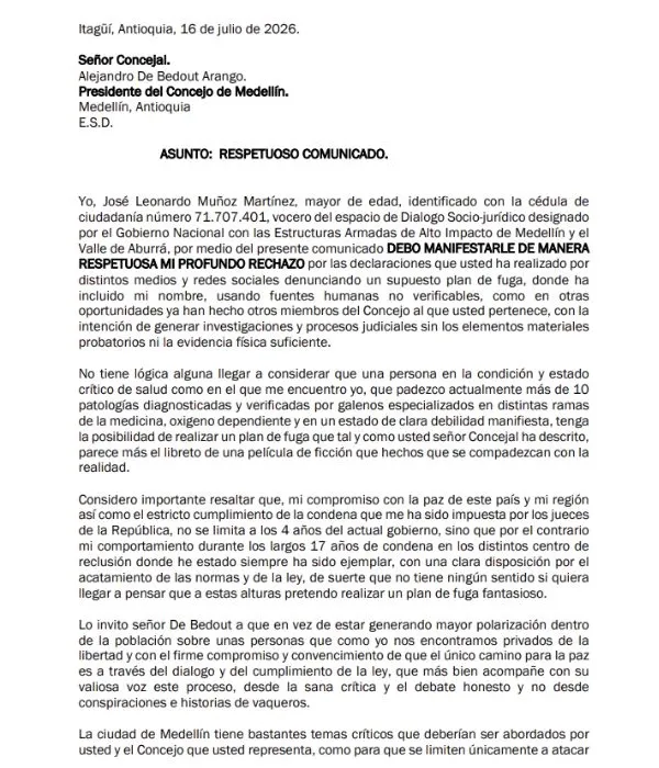 Alias Douglas niega presunto plan de fuga masiva en la cárcel de Itagüí denunciado por presidente del Concejo de Medellín: 'Película de ficción'