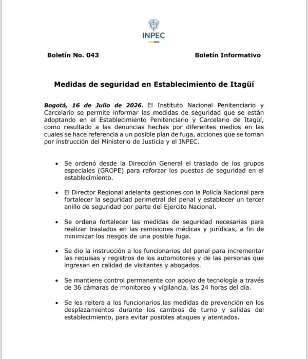Comunicado del Inpec en relación con la denuncia de fuga en la cárcel de Itagüí.
