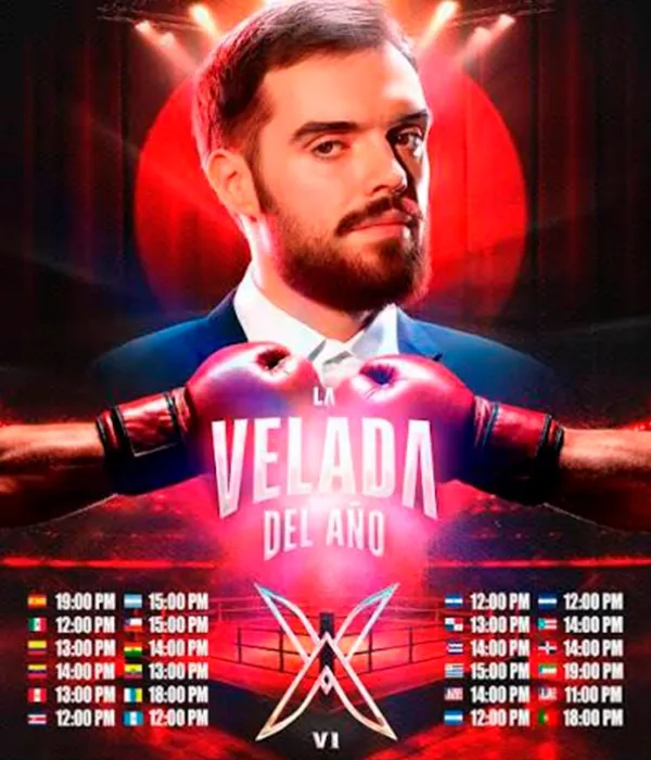 Póster oficial de La Velada del Año 6 con horarios por país, Colombia a la 1:00 p.m.