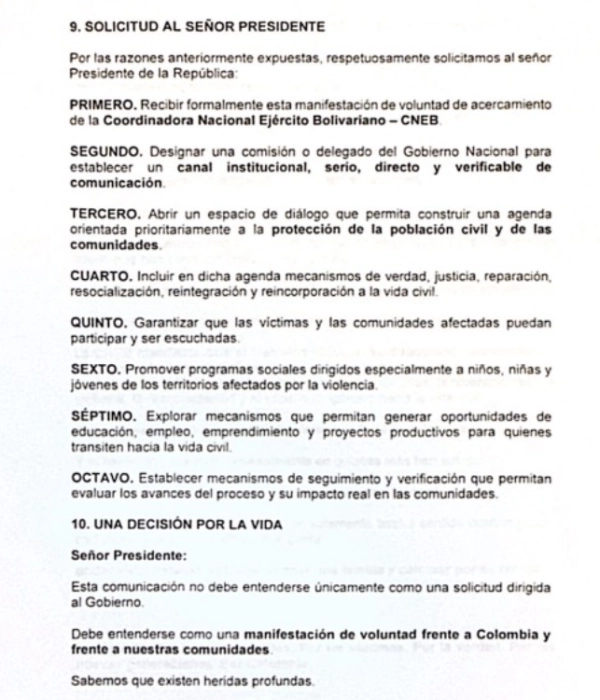 Alias Walter Mendoza pide al presidente Abelardo De La Espriella reactivar diálogos de paz con los disidentes de la Cneb: 'Manifestación de voluntad'