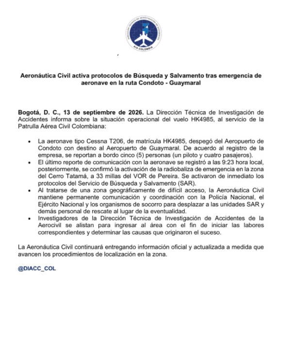 Comunicado de la Aeronáutica Civil: desaparición de aeronave de matrícula HK4985.