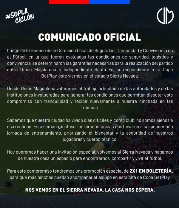 Unión Magdalena tomó decisión clave sobre el partido de Copa BetPlay contra Santa Fe, en medio de la crisis de orden público en Santa Marta