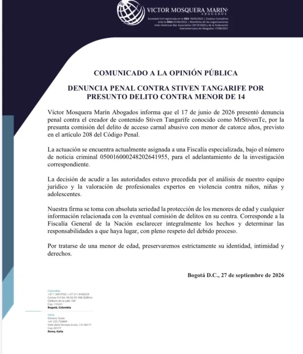 Comunicado de prensa de la firma Victor Mosquera Marin Abogados D&JA.
