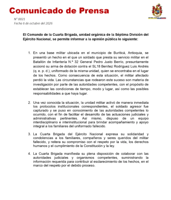 Este fue el comunicado emitido por la Cuarta Brigada del Ejército Nacional.