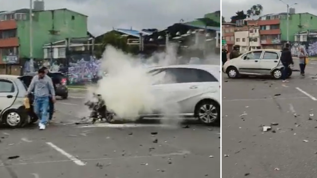 Grave accidente de tránsito en Engativá, Bogotá: fuerte choque deja dos carros envueltos en humo y escombros