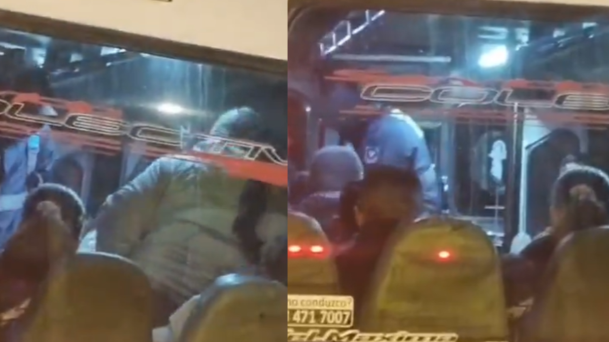 Impactantes imágenes de un ladrón disfrazado de vigilante amenazando con un cuchillo a los pasajeros de un bus en Bogotá