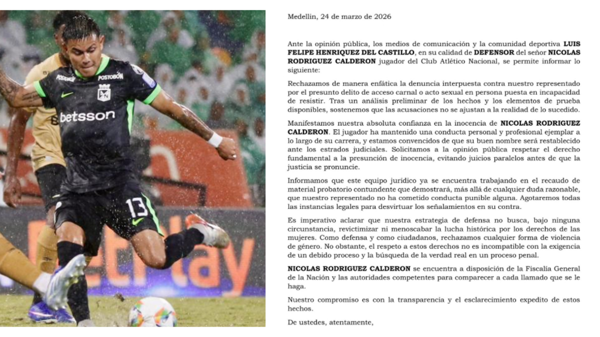 Esto reveló abogado de mujer que denunció a Nicolás Rodríguez, jugador de Atlético Nacional, por presunto abuso sexual: 'Perdió su conciencia'