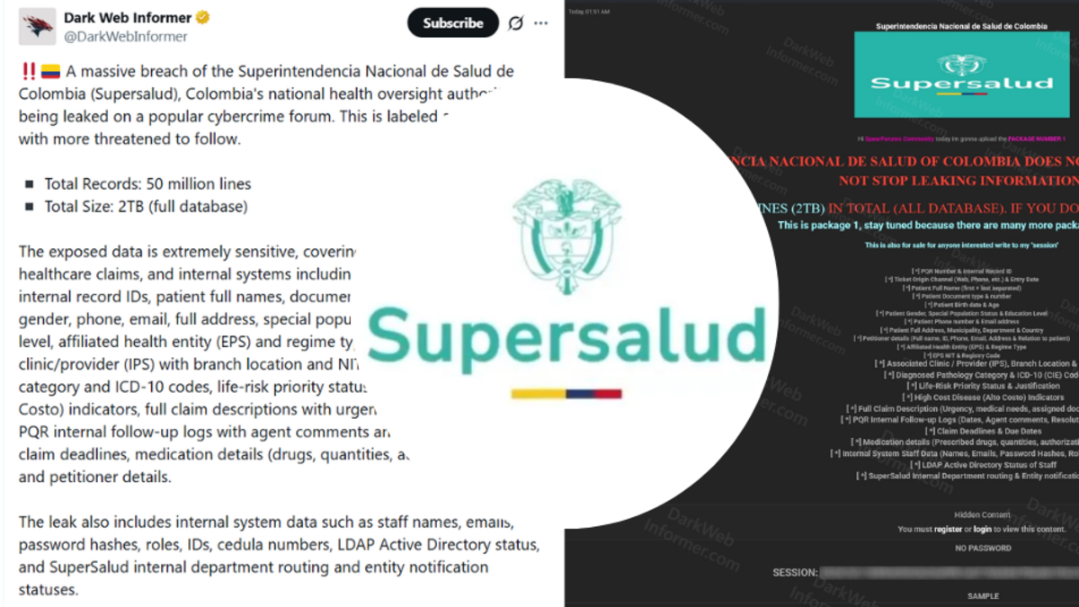 Alertan posible filtración masiva de información de Supersalud: 50 millones de líneas de datos habrían quedado expuestas en foro de cibercrimen