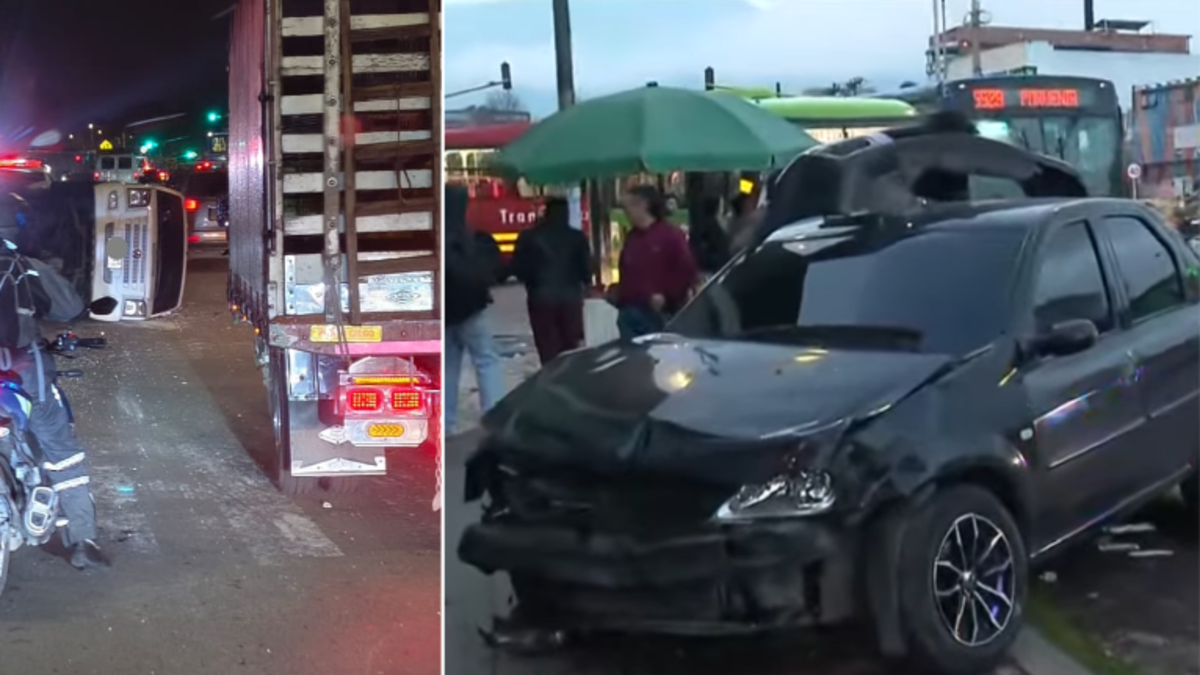 Grave accidente de tránsito en la avenida Primero de mayo, en el sur de Bogotá: un carro se volcó y otro terminó chocando contra una casa