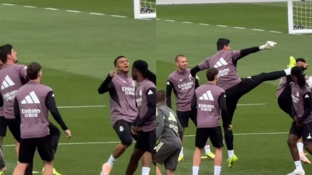 Video| Courtois le propina una 'patada de karate' a Mbappé durante un entrenamiento del Real Madrid