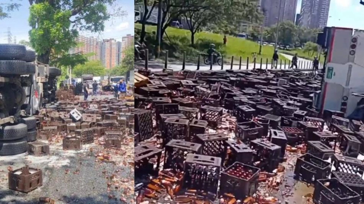 Fotos | Camión cargado de cerveza perdió el control y se volcó en importante vía de Bello, Antioquia; varias personas se robaron la carga