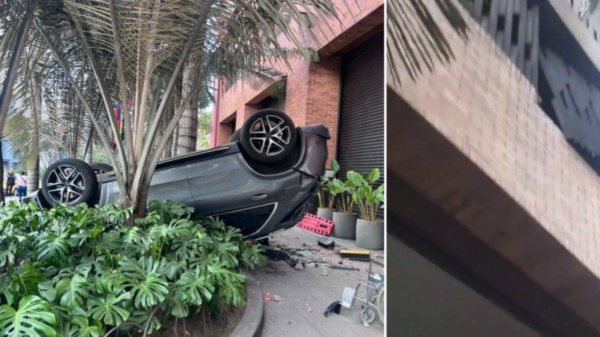 Fotos y videos muestran carro que cayó desde el segundo piso de club El Nogal en Chapinero, en el norte de Bogotá: el conductor fue rescatado