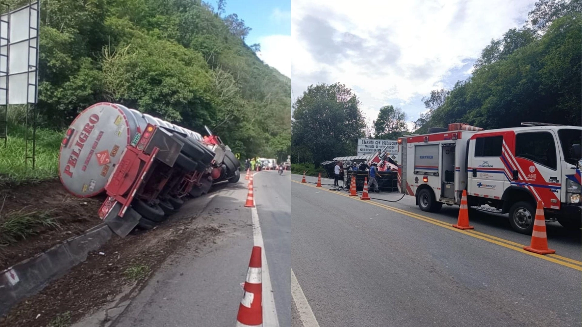 Cierre de la vía Bogotá-Villavicencio por volcamiento de una tractomula con combustible: el bloqueo lleva más de una hora