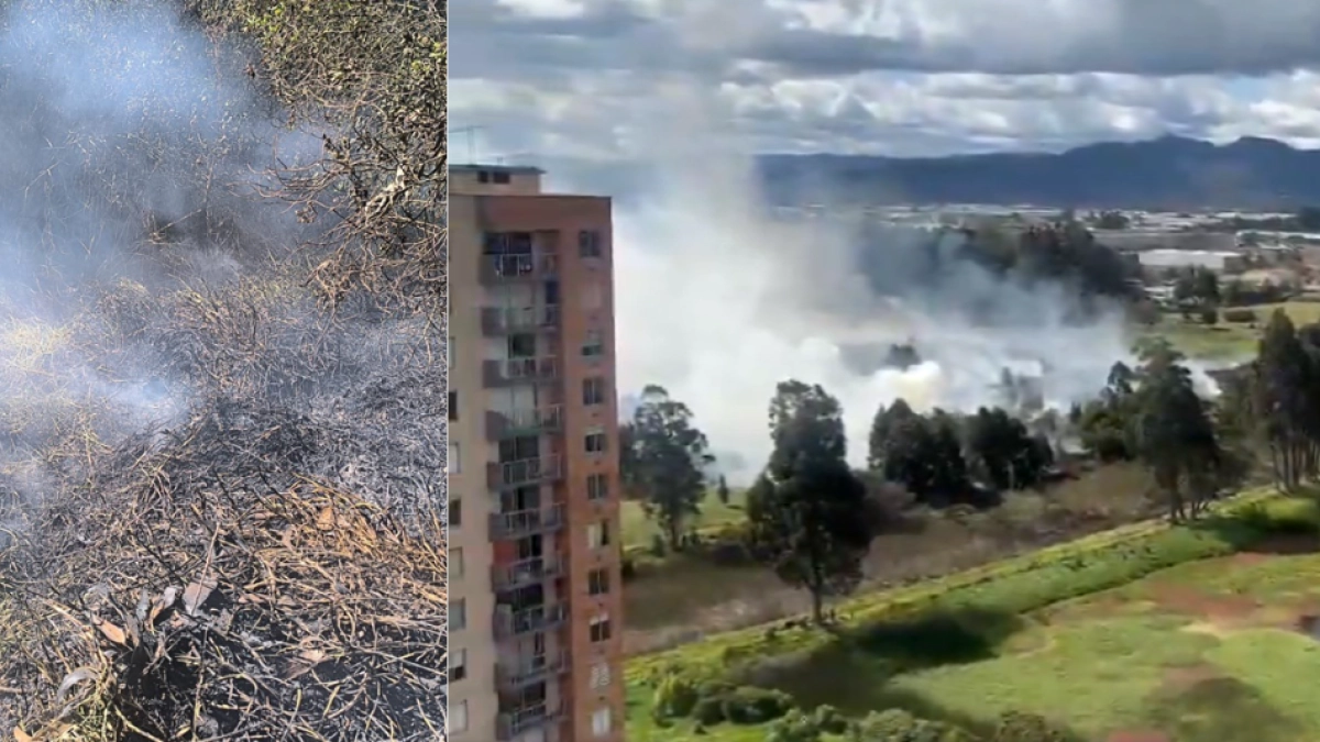 Fuerte incendio en el humedal Jaboque, en la localidad de Engativá, noroccidente de Bogotá; las autoridades trabajan para controlar las llamas