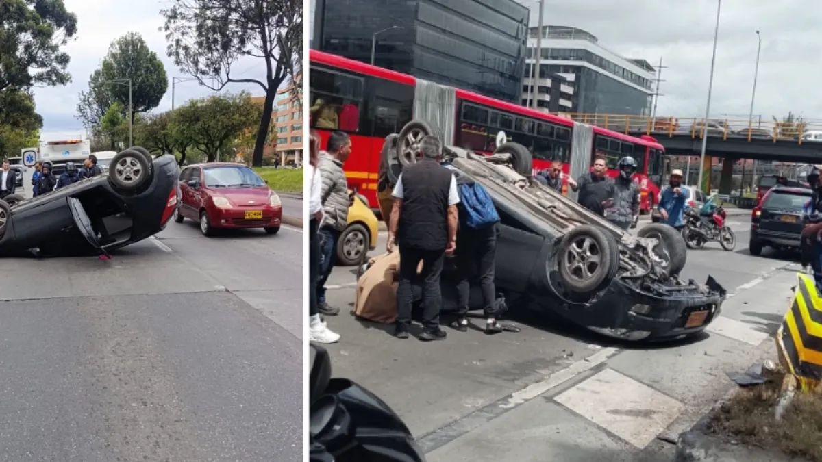 Grave accidente por carro que se volcó a la altura de la calle 116 en Bogotá: una persona quedó atrapada y el Cuerpo de Bomberos tuvo que rescatarla